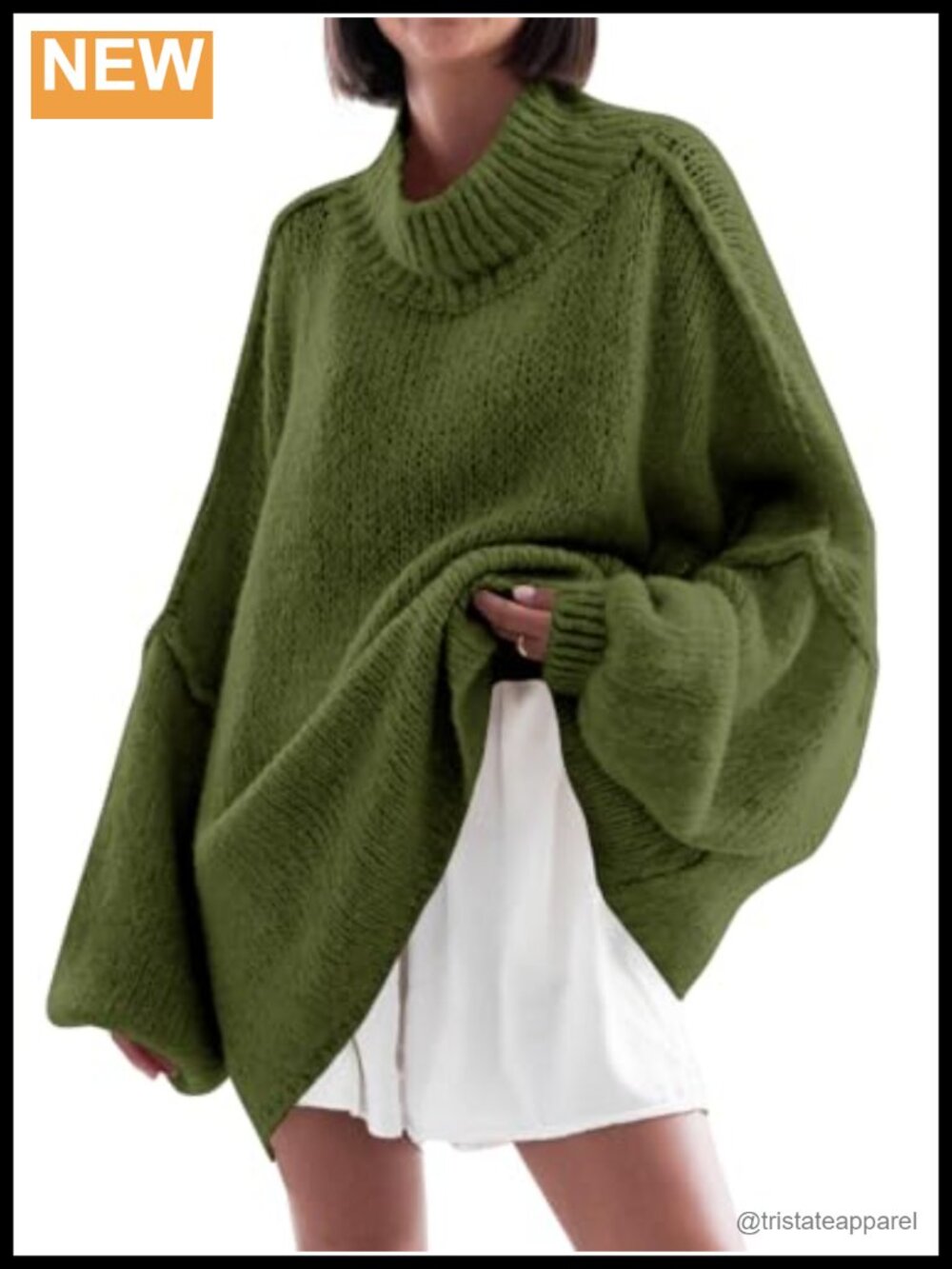 Womens Oversized Chunky Ribbed Knit Mock Neck Batwing Long Sleeve Tunic